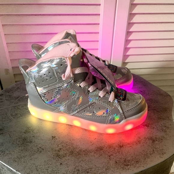 Skechers Energy Lights 2.0 Pink And Gray High Top Shoes size 1.5 girls NWT - Picture 3 of 11